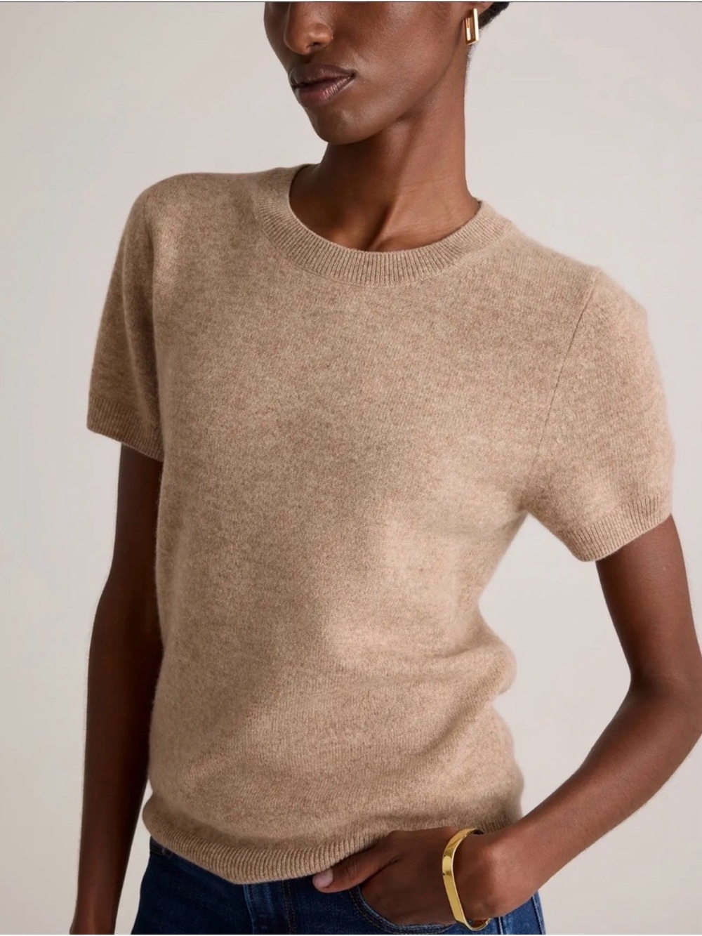 QUINCE 100% Mongolian Cashmere Top  Camel Tan Short Sleeve | Size M